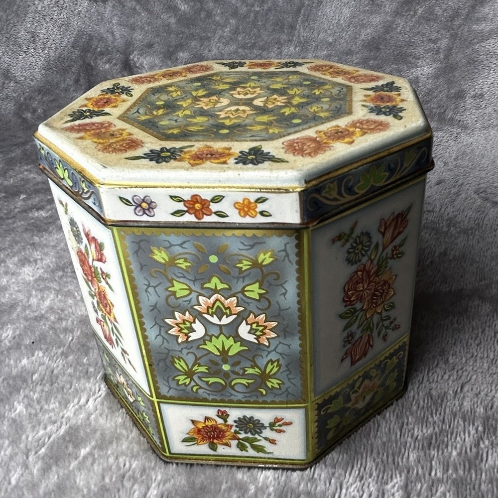 Vintage Daher Lidded Tin Canister Floral Made In England Hexagonal Tea Toffee